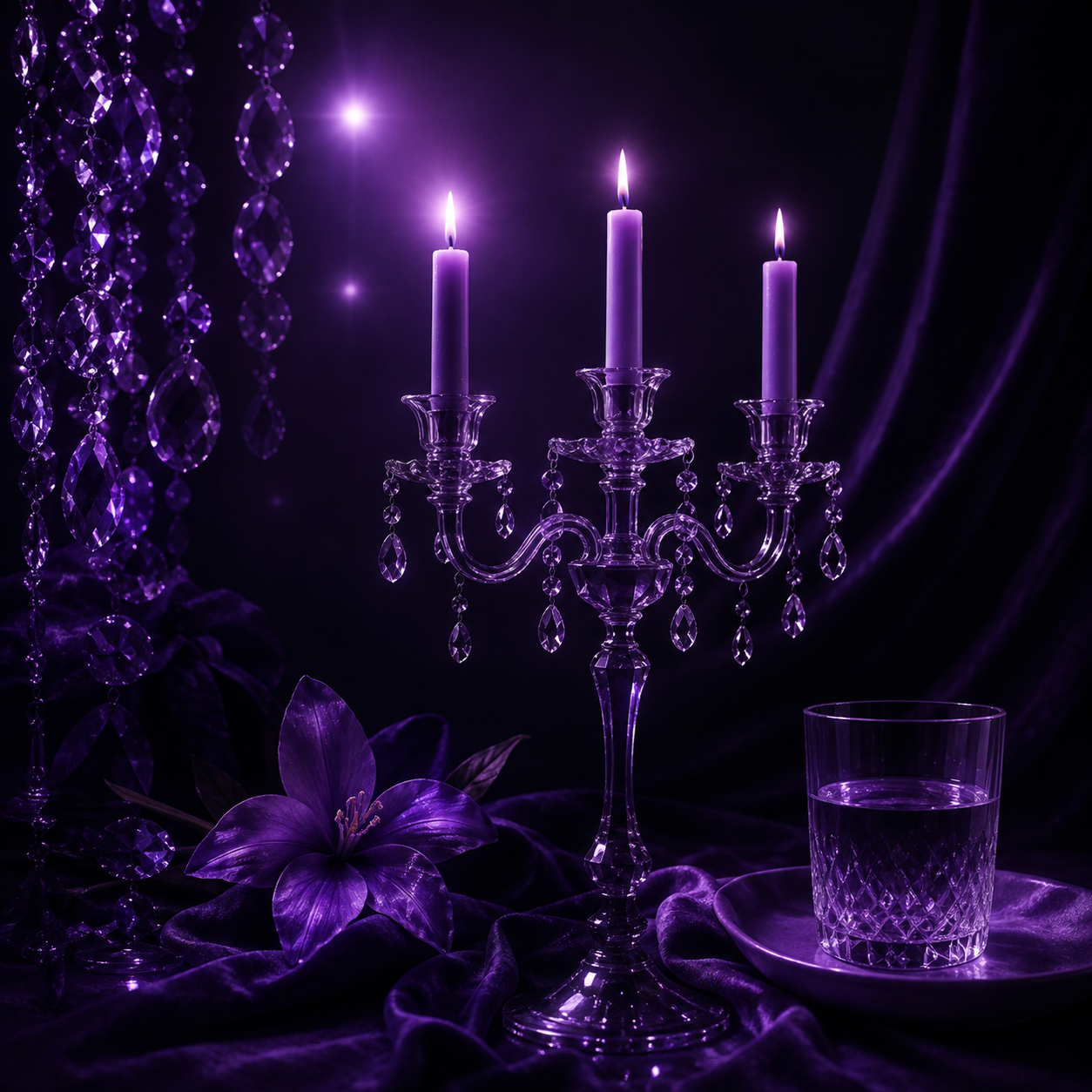 Candelabro de cristal con velas, flores y cortinas violetas